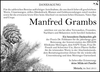 Traueranzeige von Manfred Grambs von Südthüringer Presse