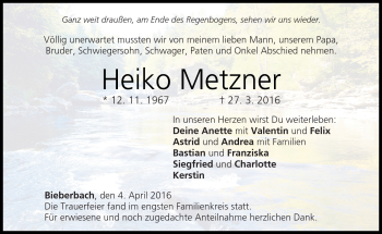 Traueranzeige von Heiko Metzner von Neue Presse Coburg