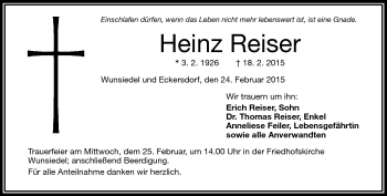 Traueranzeige von Heinz Reiser von Frankenpost