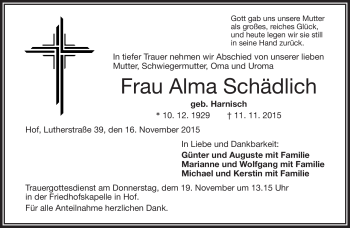 Traueranzeige von Alma Schädlich von Frankenpost