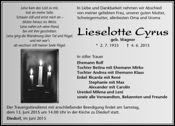 Traueranzeige von Lieselotte Cyrus von Südthüringer Presse