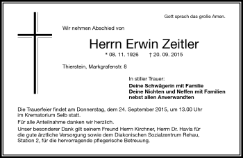 Traueranzeige von Erwin Zeitler von Frankenpost