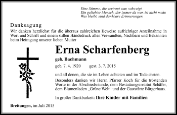 Traueranzeige von Erna Scharfenberg von Südthüringer Presse