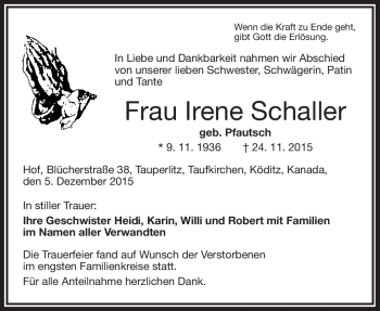 Traueranzeige von Irene Schaller von Frankenpost