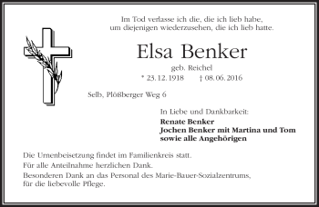 Traueranzeige von Elsa Benker von Frankenpost