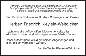 Traueranzeige von Herbert-Friedrich Kleylein-Weltdicker von Neue Presse Coburg