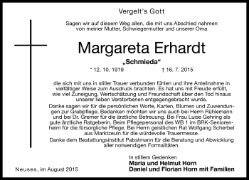 Traueranzeige von Margareta Erhardt von Neue Presse Coburg