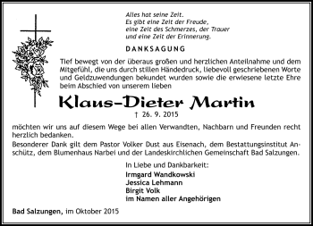 Traueranzeige von Klaus-Dieter Martin von Südthüringer Presse