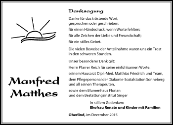 Traueranzeige von Manfred Matthes von Südthüringer Presse