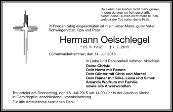 Traueranzeige von Hermann Oelschlegel von Frankenpost