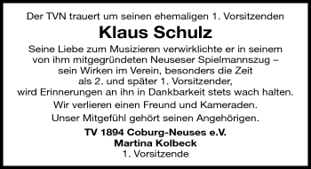 Traueranzeige von Klaus Schulz von Neue Presse Coburg