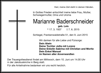Traueranzeige von Marianne Baderschneider von Frankenpost