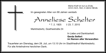 Traueranzeige von Anneliese Schelter von Frankenpost