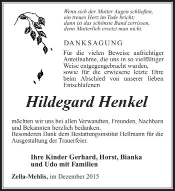 Traueranzeige von Hildegard Henkel von Südthüringer Presse