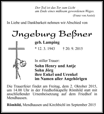 Traueranzeige von Ingeburg Beßner von Südthüringer Presse