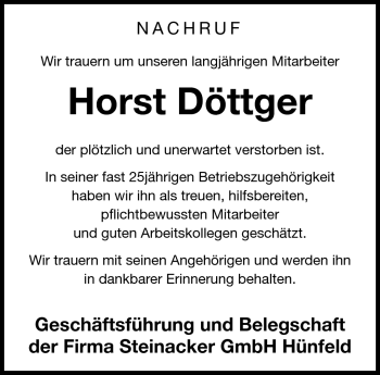 Traueranzeige von Horst Döttger von Südthüringer Presse