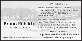 Traueranzeige von Bruno Röhlich von Neue Presse Coburg