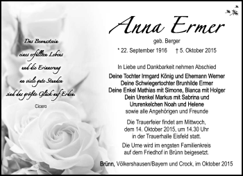 Traueranzeige von Anna Ermer von Südthüringer Presse