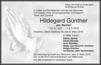 Traueranzeige von Hildegard Günther von Frankenpost