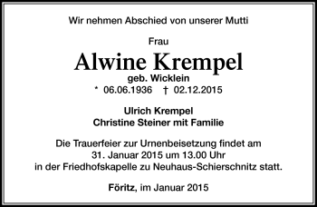 Traueranzeige von Alwine Krempel von Südthüringer Presse