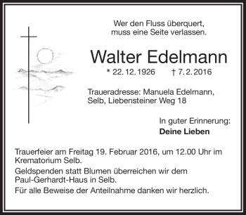 Traueranzeige von Walter Edelmann von Frankenpost