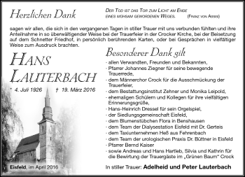 Traueranzeige von Hans Lauterbach von Südthüringer Presse