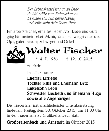 Traueranzeige von Walter Fischer von Südthüringer Presse