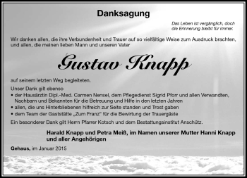 Traueranzeige von Gustav Knapp von Südthüringer Presse