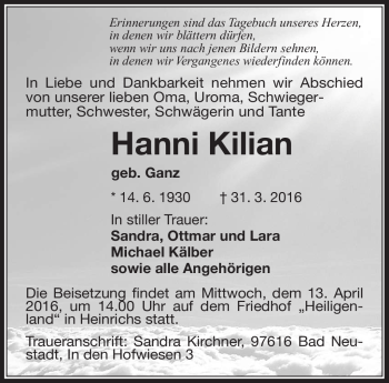 Traueranzeige von Hanni Kilian von Südthüringer Presse