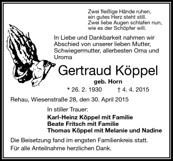 Traueranzeige von Gertraud Köppel von Frankenpost