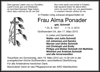 Traueranzeige von Alma Ponader von Frankenpost