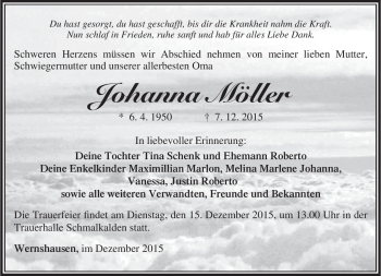 Traueranzeige von Johanna Möller von Südthüringer Presse