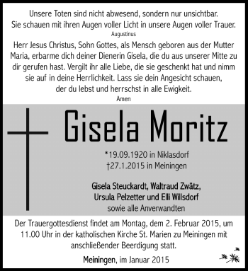 Traueranzeige von Gisela Moritz von Südthüringer Presse