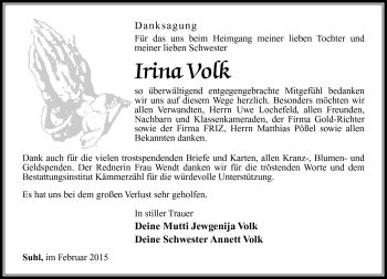 Traueranzeige von Irina Volk von Südthüringer Presse