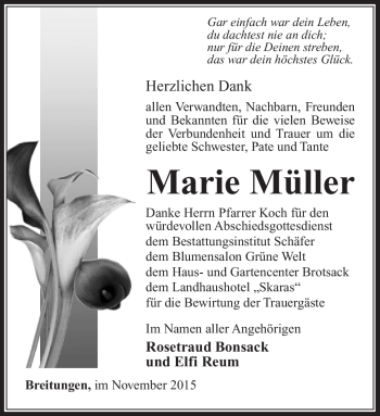 Traueranzeige von Marie Müller von Südthüringer Presse