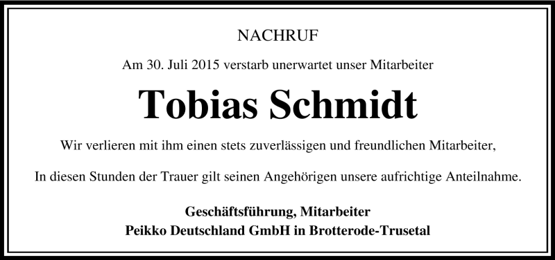  Traueranzeige für Tobias Schmidt vom 12.08.2015 aus Südthüringer Presse