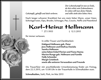 Traueranzeige von Karl-Heinz Hellmann von Südthüringer Presse