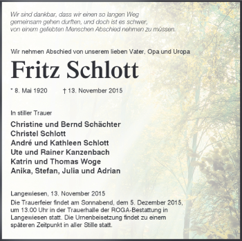Traueranzeige von Fritz Schlott von Südthüringer Presse