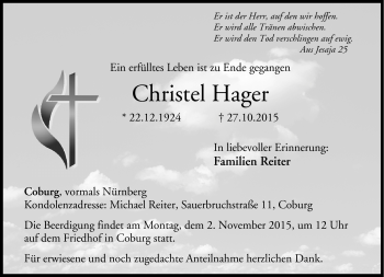 Traueranzeige von Christel Hager von Neue Presse Coburg