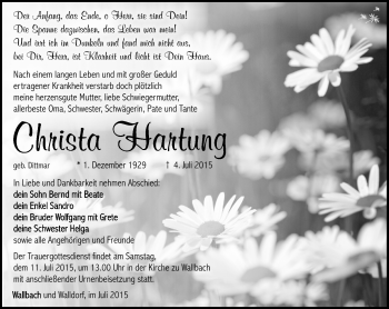 Traueranzeige von Christa Hartung von Südthüringer Presse