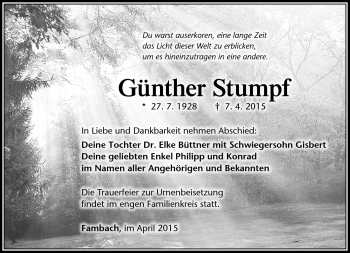Traueranzeige von Günther Stumpf von Südthüringer Presse