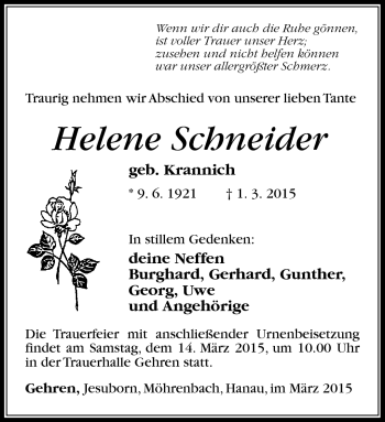 Traueranzeige von Helene Schneider von Südthüringer Presse