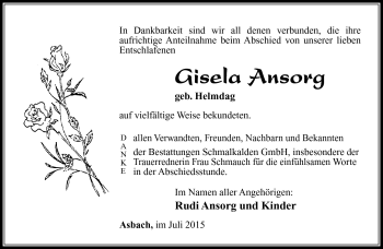 Traueranzeige von Gisela Ansorg von Südthüringer Presse