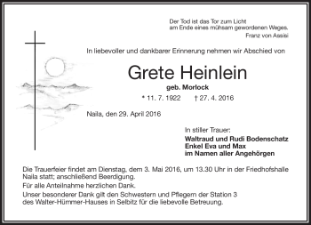 Traueranzeige von Grete Heinlein von Frankenpost