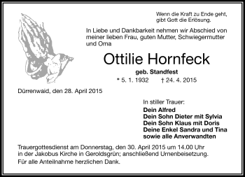 Traueranzeige von Ottilie Hornfeck von Frankenpost
