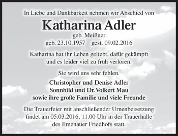 Traueranzeige von Katharina Adler von Südthüringer Presse
