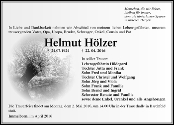 Traueranzeige von Helmut Hölzer von Südthüringer Presse