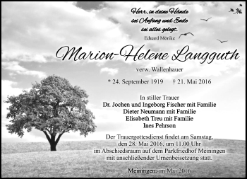 Traueranzeige von Helene-Marion Langguth von Südthüringer Presse
