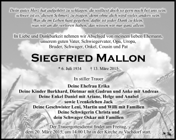 Traueranzeige von Siegfried Mallon von Südthüringer Presse