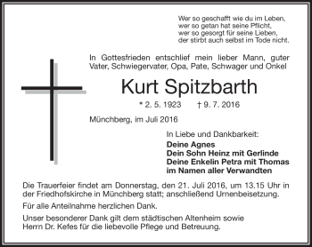 Traueranzeige von Kurt Spitzbarth von Frankenpost